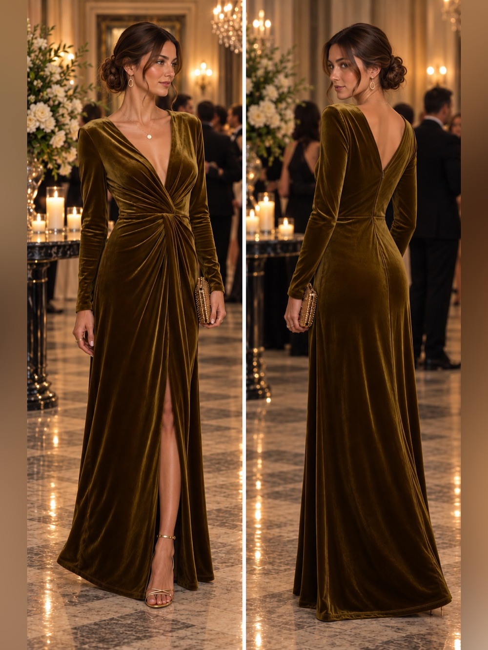 NWT Olive Green Velvet Twist Front Gown